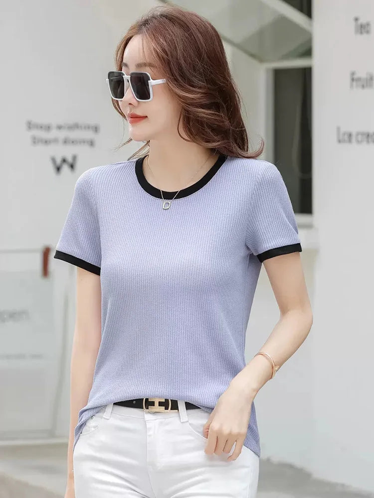 Camiseta de doble cara para mujer, holgadas sencillas de manga corta con cuello redondo y retazos de color contrastante, novedad de verano