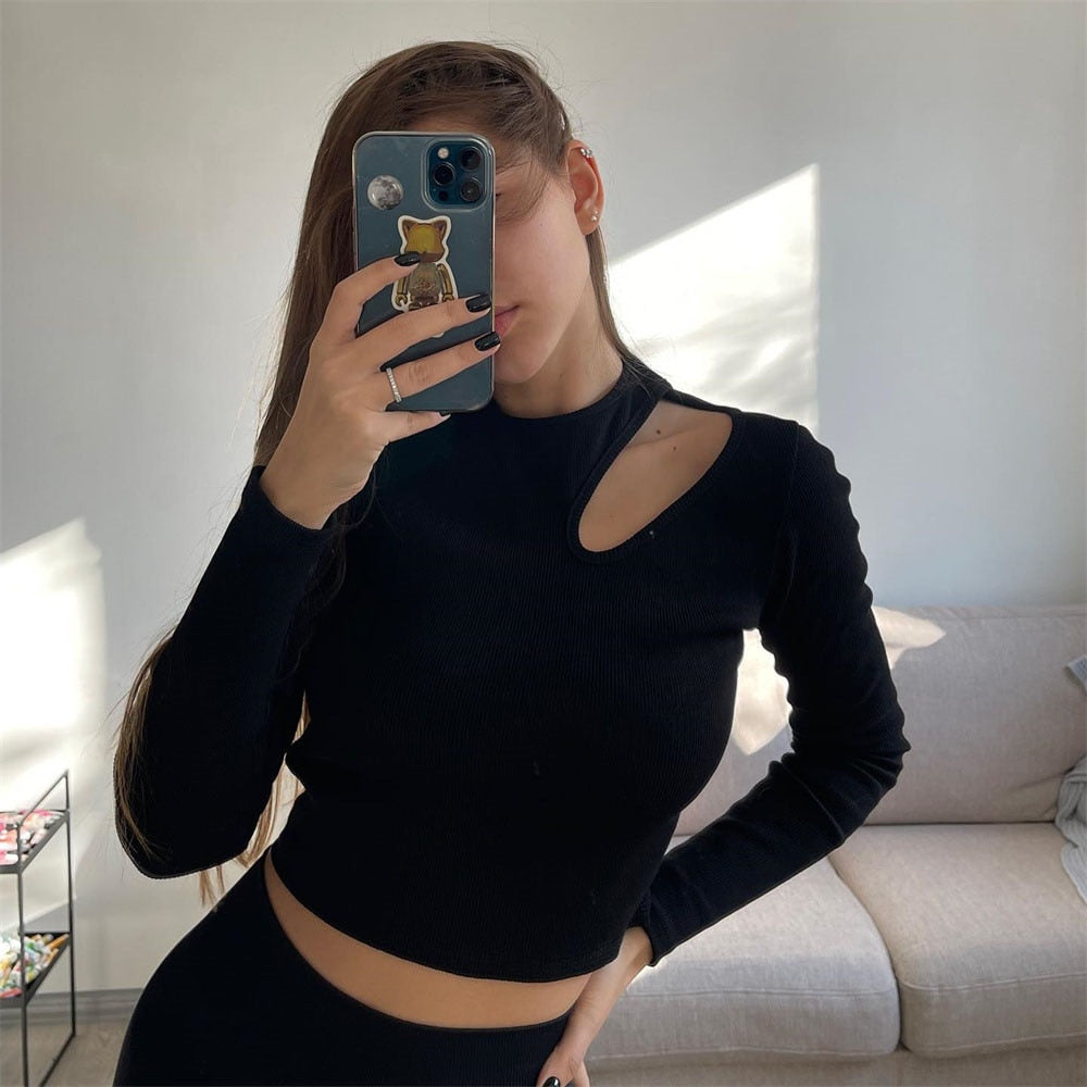 Black Top Women Long Sleeve T Shirt Hollow Out T-Shirts Autumn Winter Clothes Solid Basic Blue Streetwear White Crop Top KilyClothing