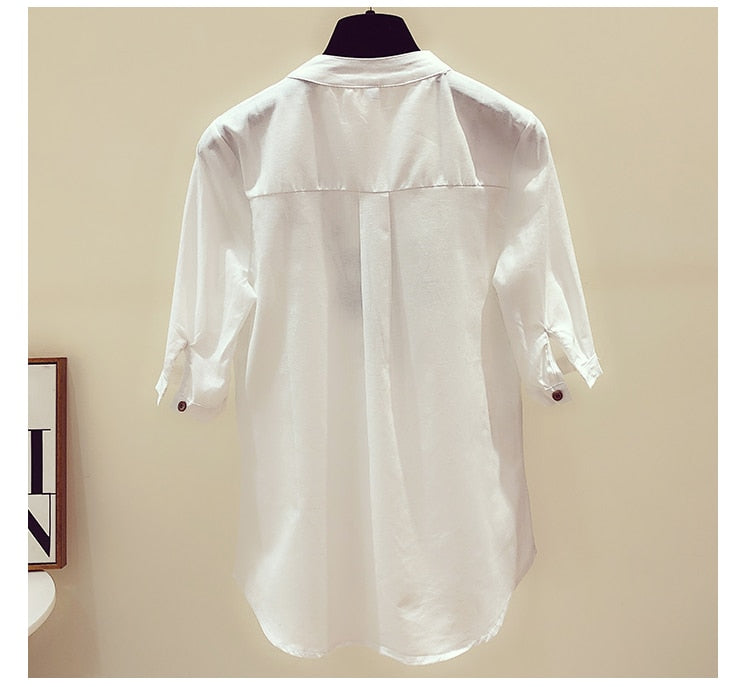 Cotton White Blouse Elegant Embroidery V-Neck Shirts KilyClothing