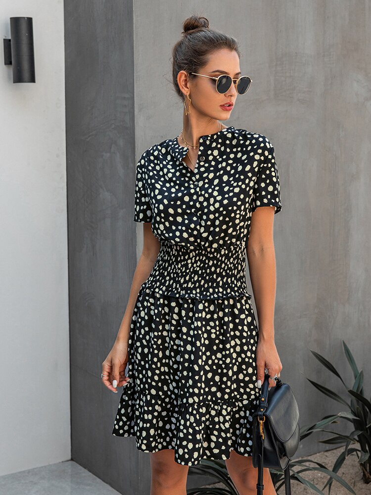 Dress Women Leopard Casual Black Summer Ruffle Mini Dresses Buttons KilyClothing