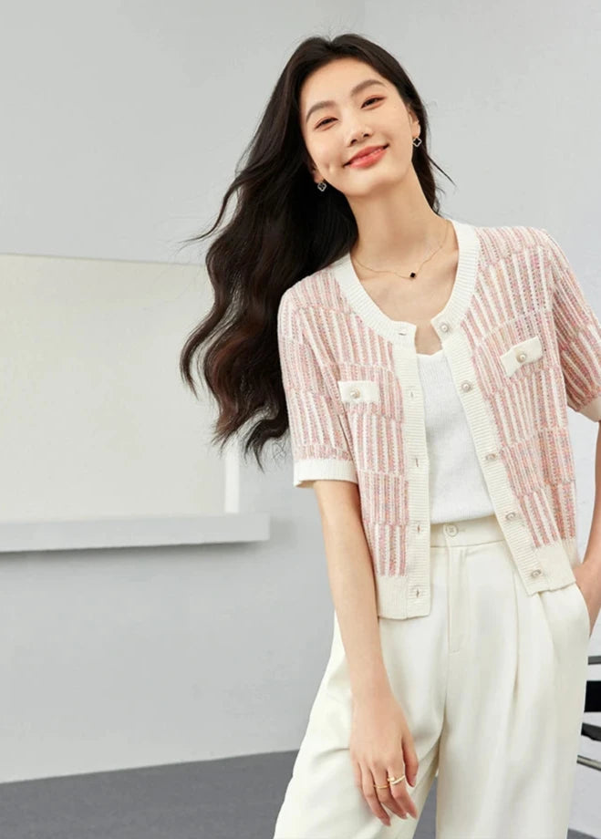 Women's French Perfume Short-Sleeved Knitted Cardigan Blouse Gentle Patchwork Summer