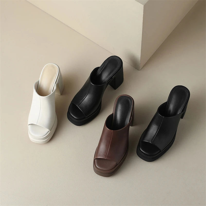 Women Genuine Leather Shoes Peep Toe Platform Chunky High Heel Slides Ladies Fashion Casual Slippers Summer Spring Brown KilyClothing