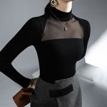 Half Turtleneck Net Yarn Black Patchwork Slim Woman Clothes, Long Sleeve Upper Garment KilyClothing