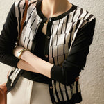 Black White Lattice O-Neck Spliced Cardigan Ice Silk Knitting Single Breaste Slim Sweaters KilyClothing