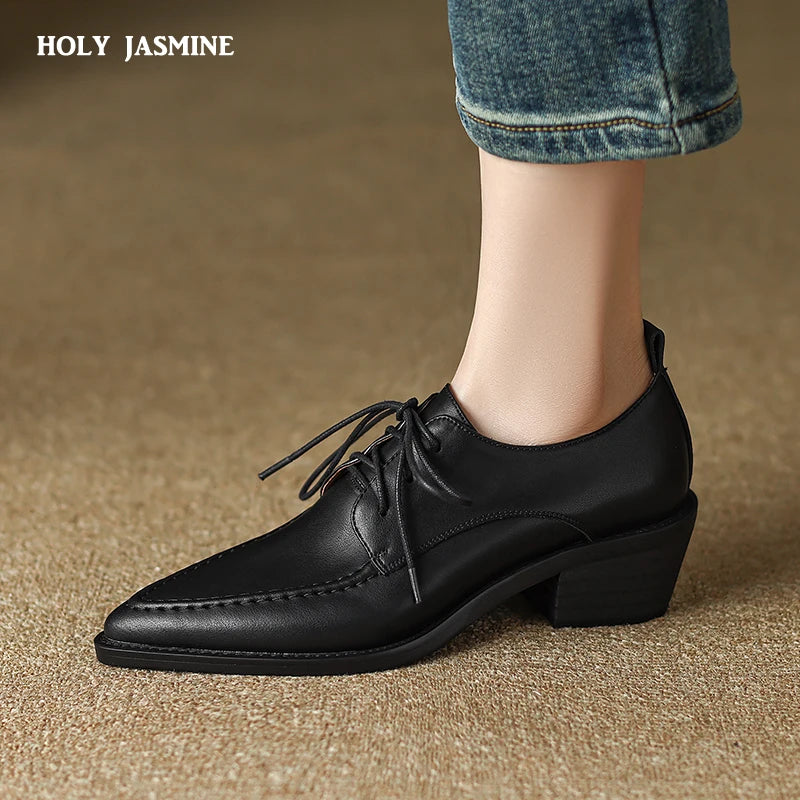 Working Casual Women Pumps Low Heels Comfortable Spring Summer Genuine Leather Lace-Up Shoes Woman Mature Retro Style KilyClothing