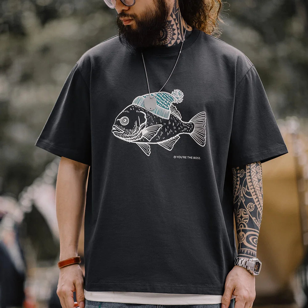 Deep Sea Fish Flocked Print T-shirt Animal Pattern Round Neck Short-sleeved Tops for Men