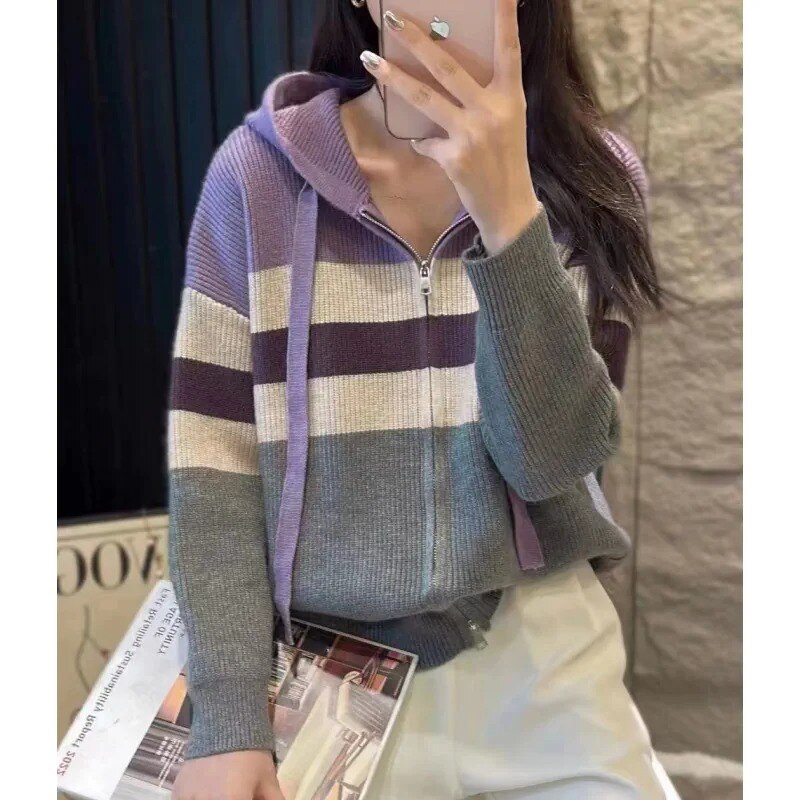 Western style striped double zipper hooded 100% wool knit cardigan coat KilyClothing