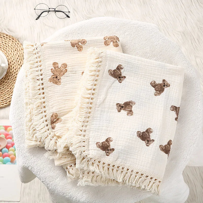 Cute Bear Muslin Squares Cotton Baby Blanket for Newborn Plaid Infant Swaddle Blanket Babies Accessories Bed Summer Comforter KilyClothing