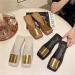 Slippers Fashion Metal Buckle Mules Flat Heels Square Toe Shallow Shoes Outdoor Slide Female Casual Sandal KilyClothing