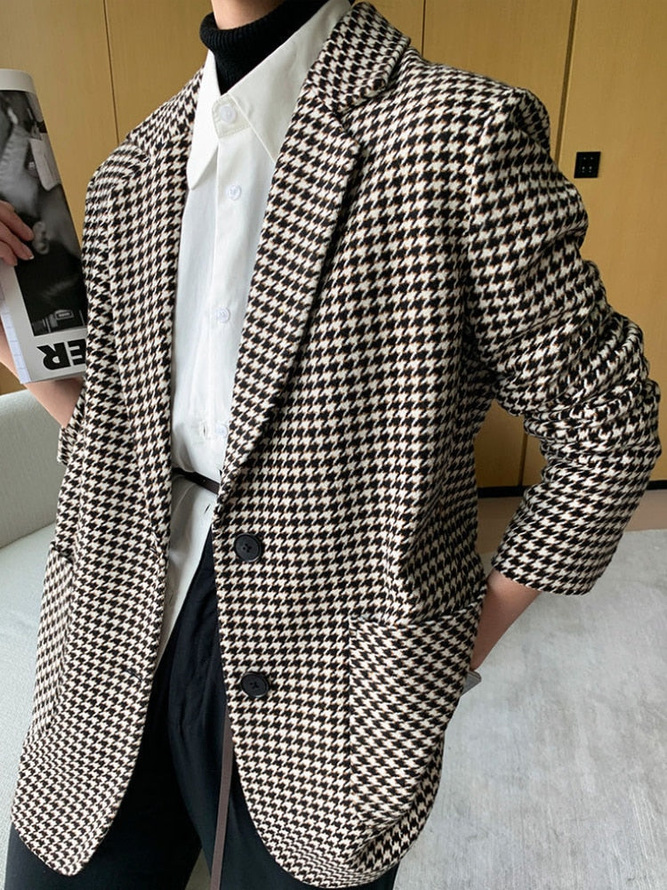 Vintage Houndstooth Woolen Blazer Jackets Fashion Elegant Casual Outerwear Coat With Belt KilyClothing