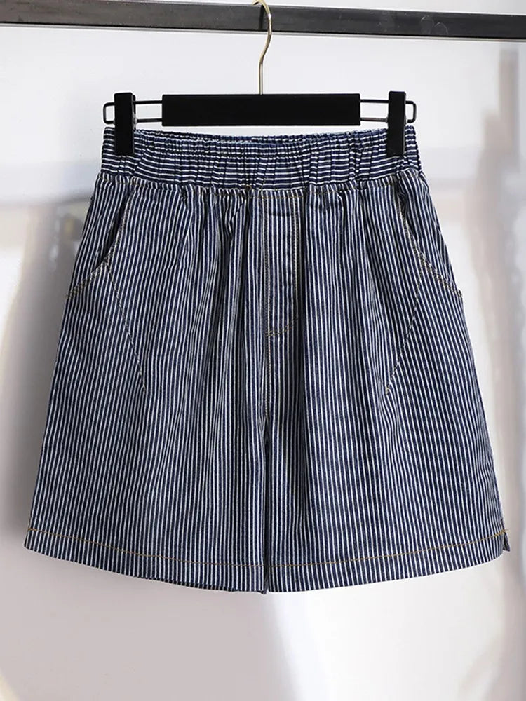 Women Summer Casual Shorts, Cotton, Simple Style Vintage, Striped All-match, Loose Female Denim Short Pants KilyClothing