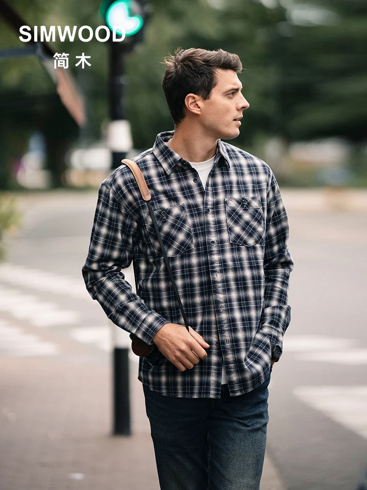 Oversize 270gsm 100% Cotton Vintage Flannel Plaid Shirts Men Soft Casual Chest PocketsShirts