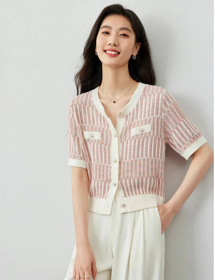 Women's French Perfume Short-Sleeved Knitted Cardigan Blouse Gentle Patchwork Summer