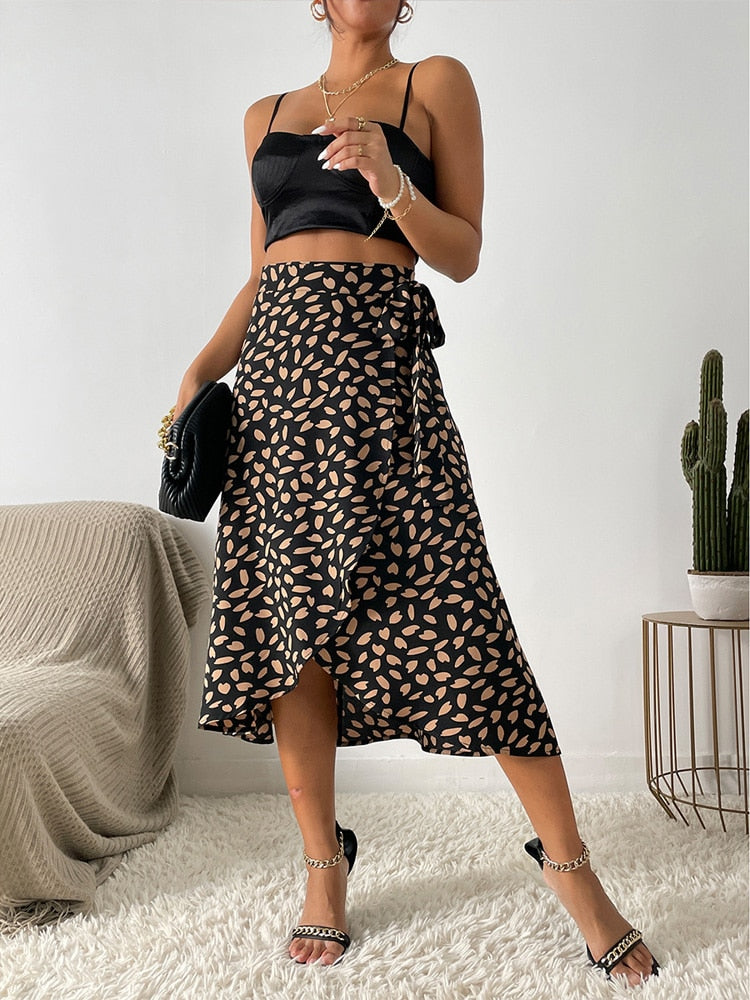 Casual Print Tie Side Wrap Skirt Elegant High Waist Female Summer Asymmetrical Knee Length A-Line Skirts KilyClothing