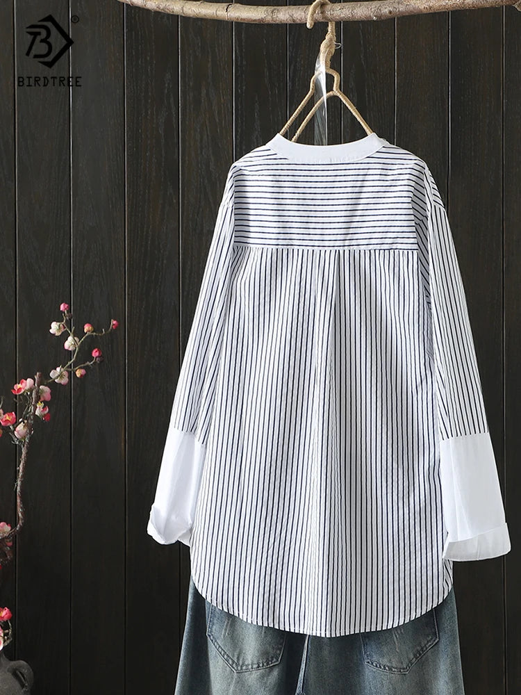 Women Striped Print Cotton White Shirt Loose, Full Sleeve, Stand Collar, Long Blouse Casual Office Wear Basic KilyClothing