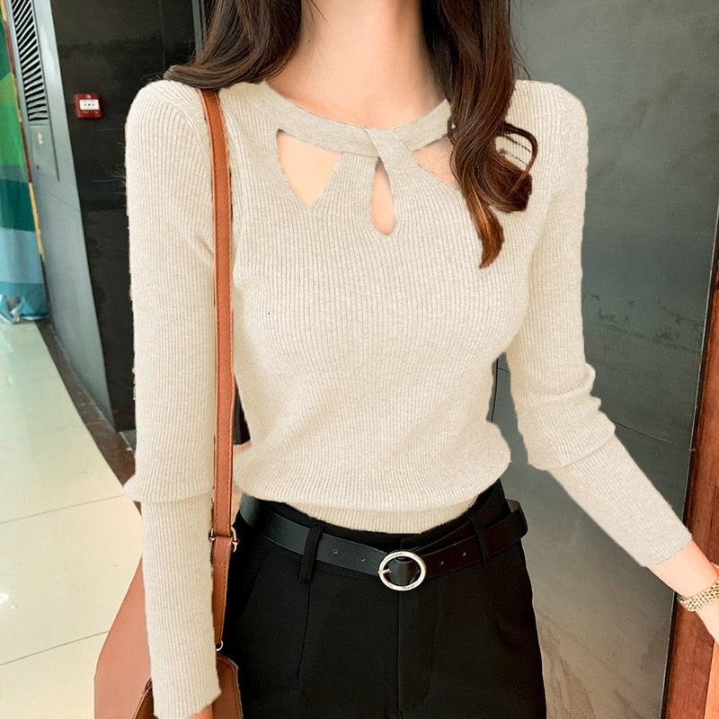 O-neck Slim Stretch Sexy Pullover Hollow Solid Color Sweater Slim Bottoming KilyClothing