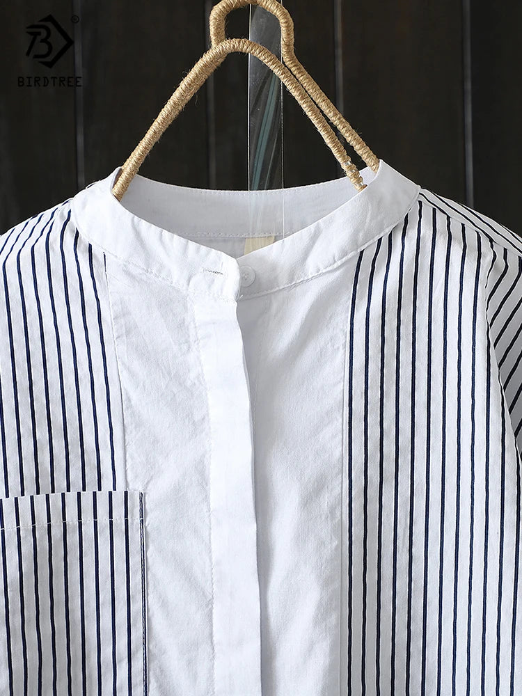 Women Striped Print Cotton White Shirt Loose, Full Sleeve, Stand Collar, Long Blouse Casual Office Wear Basic KilyClothing