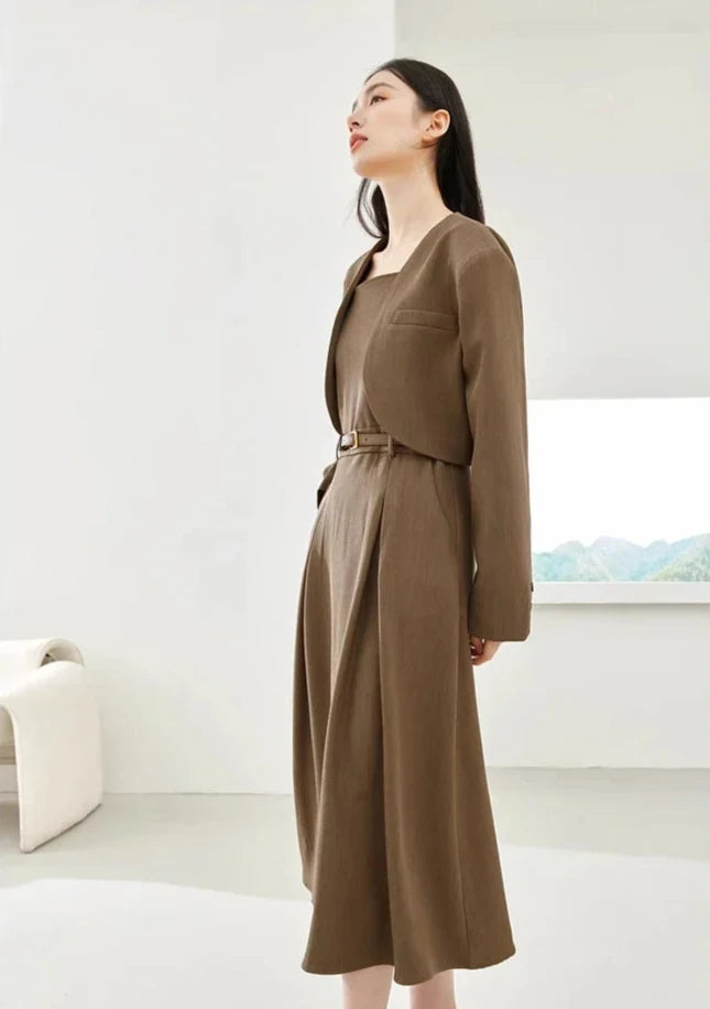 Coffee Elegant Blazer Suit Cropped Jacket A-line Pleated Midi Dress Autumn Winter