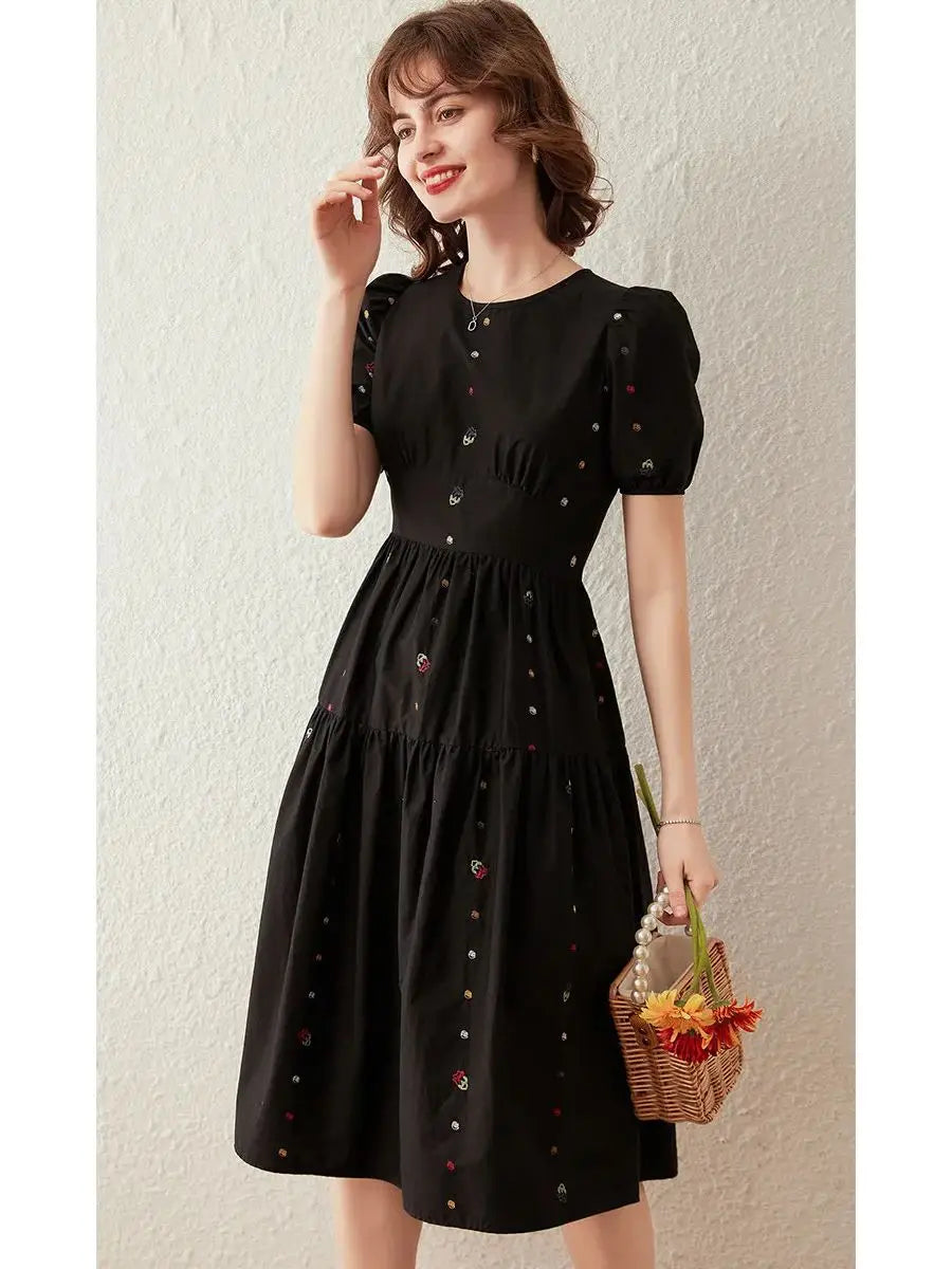 Women Dress Embroidery Round Neck Short Sleeve Puff Sleeve Waist Knee-lenght Black Dress