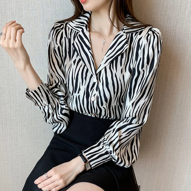 Vintage Zebra Print Chiffon Blouses Woman Sexy V-Neck Long Sleeve Shirt Tops Ladies