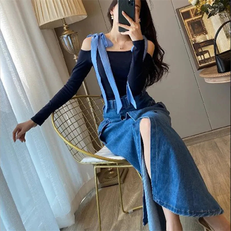 French Vintage Bowknot Slash Neck T Shirt Denim A-Line Skirts 2 Piece Set Korean Lady Fashion Slim Black Top Split Skirt Outfits KilyClothing