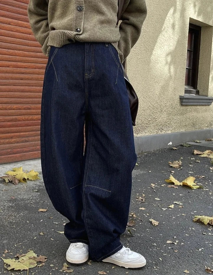 Pantalones vaqueros de pierna ancha de cintura alta Vintage para mujer pantalones casuales sueltos cálidos gruesos para mujer azul oscuro