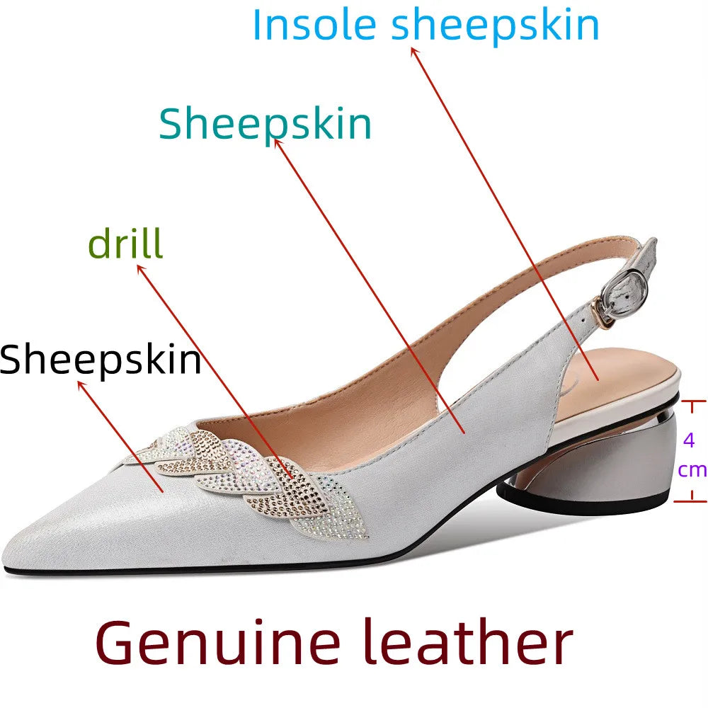 Genuine Leather Hollow Sandals Square High Heel Summer Women Shoes Back Strap Pointed Toe Female Pumps KilyClothing