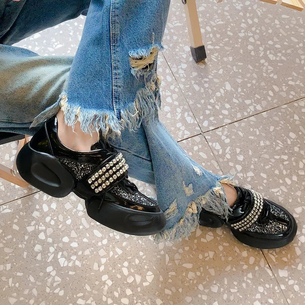 Platforms Women's Pumps, Fashion Rhinestone Bling bling, Genuine Leather Shoes, Woman Spring Summer Lace-Up Casual Pumps KilyClothing
