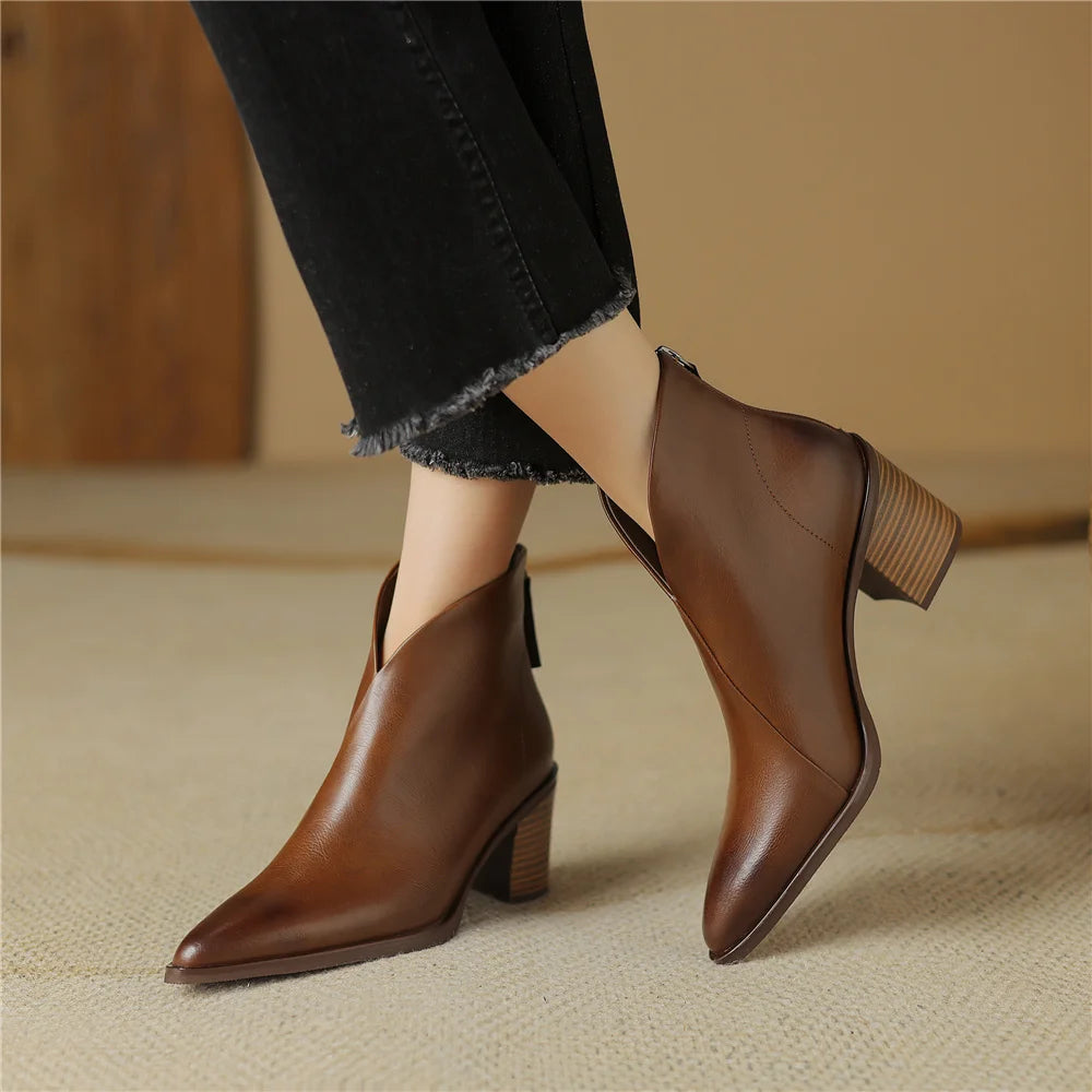 Basic Retro Women Ankle Boots Genuine Leather Autumn Winter Thick High Heels Pointed Toe Shoes Woman Office Lady Mature