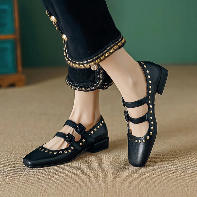 Genuine Leather Shoes Women Square Toe Chunky Heel Women Pumps Rivet Buckle Low Heel Women Shoes Retro Handmade Mary Janes Shoes KilyClothing