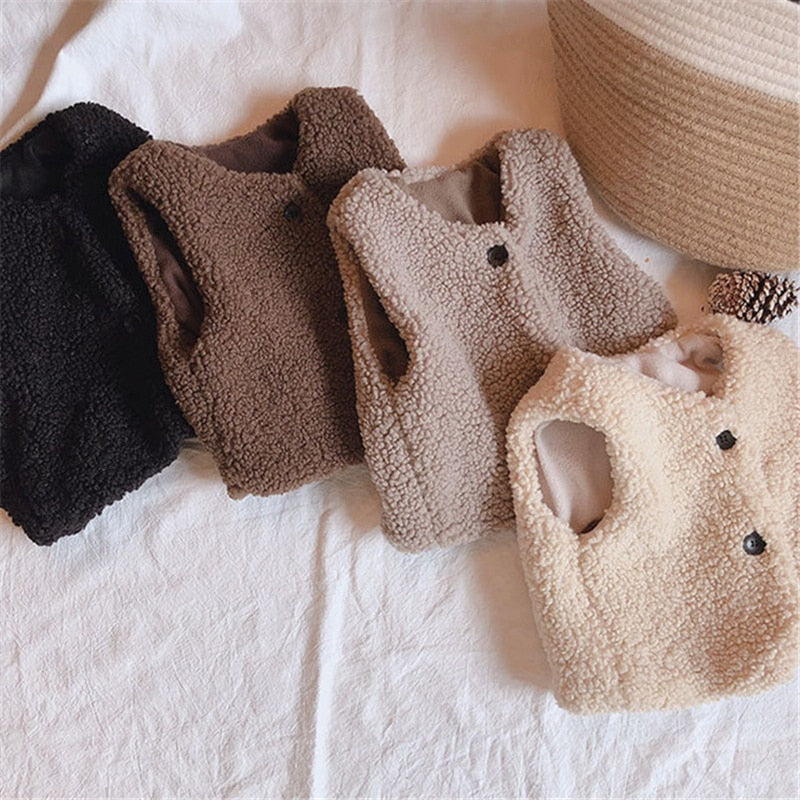 Winter Baby Lamb Wool Plus Velvet Waistcoat Girls Boys Plush Vest Single Breasted V Neck KilyClothing