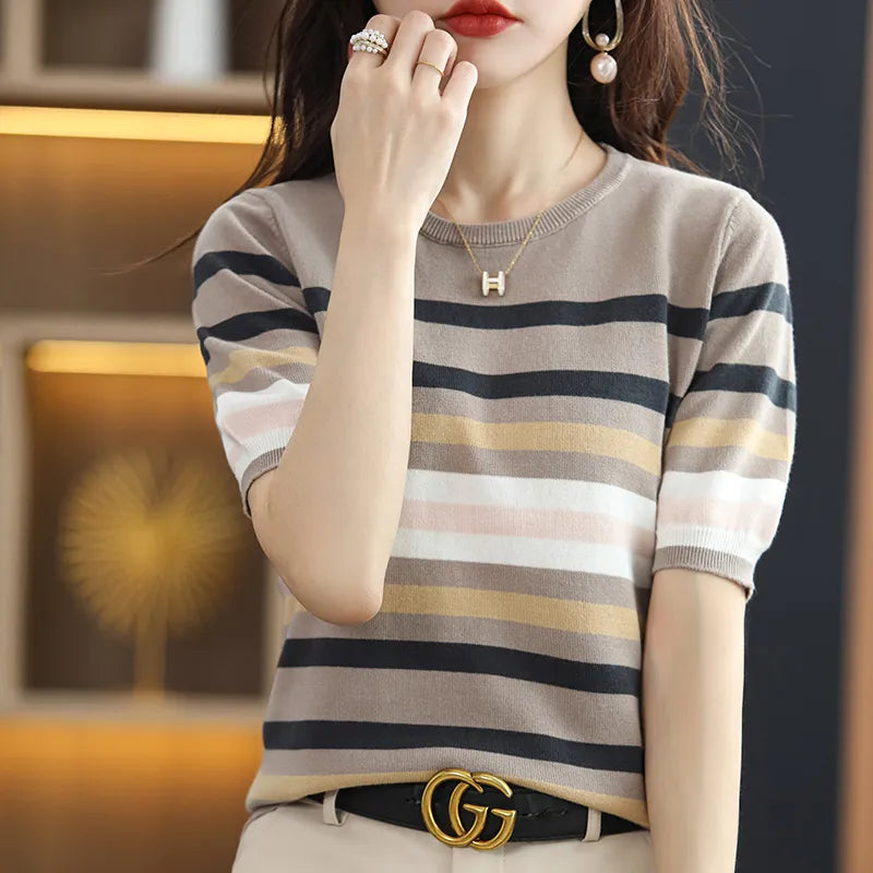 Short-sleeved knitted tshirt for Women, O-Neck Slim 100% Cotton, Striped Pullover, Casual Comfortable Sweater KilyClothing