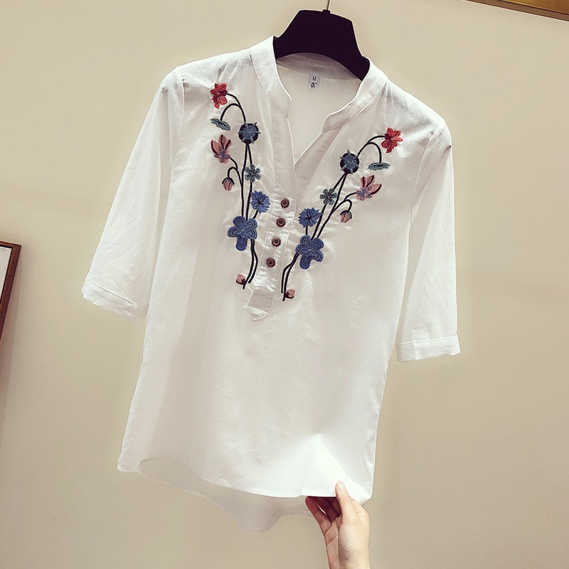Cotton White Blouse Elegant Embroidery V-Neck Shirts KilyClothing