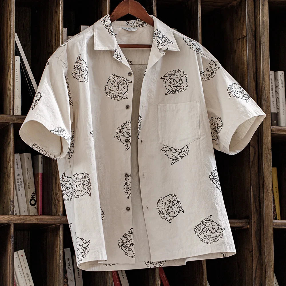 Camisas con estampado de lino vintage japonés para hombre 100% algodón manga corta suelta