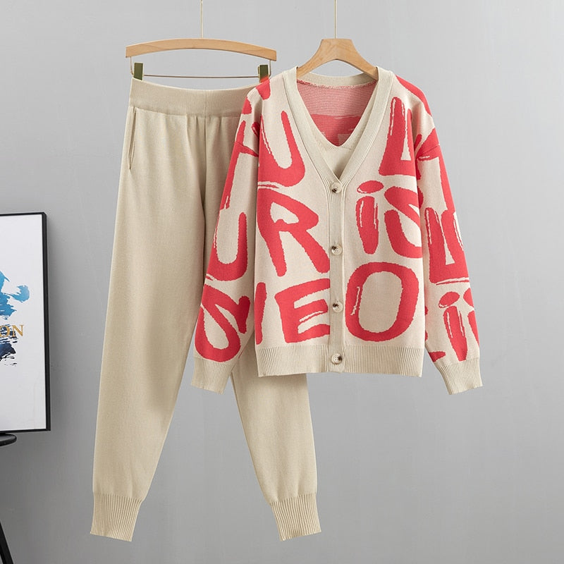 3 Piece Women Cardigan Tracksuits Fashion Knitted Pocket Pant Set Ladies Sweater Suit European Fashion Outfits KilyClothing