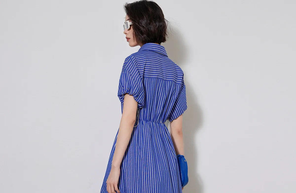 Women Shirt Style 100% Cotton Dress Striped Casual Dress French Style A-line Short Sleeve Long Dress