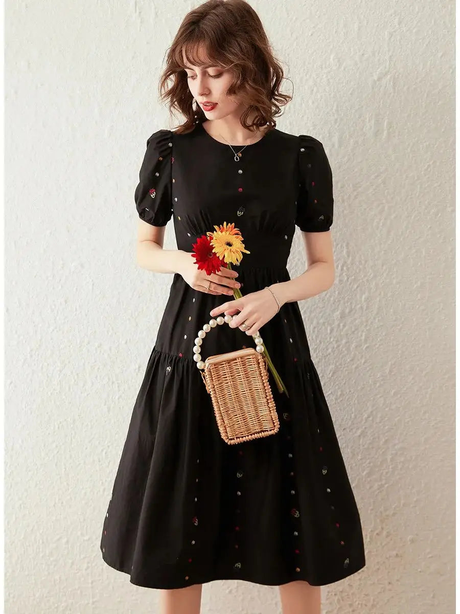 Women Dress Embroidery Round Neck Short Sleeve Puff Sleeve Waist Knee-lenght Black Dress