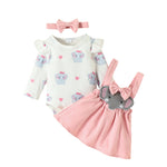 Cute Squirrel Print Long Sleeves Romper and Suspender Skirt Headband Fall Outfits KilyClothing