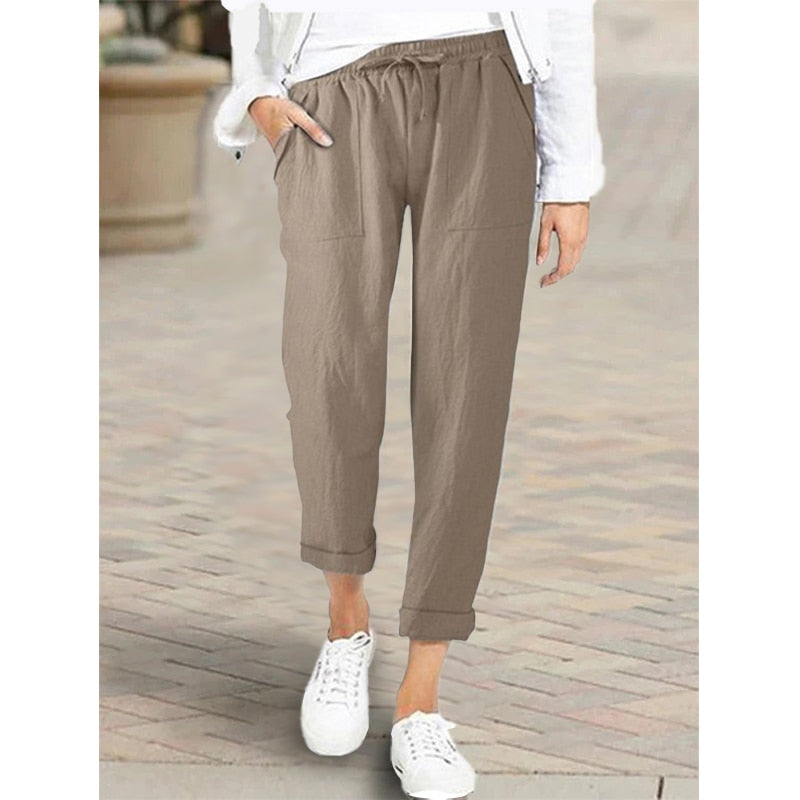 Cotton Linen Pants Summer Pockets Loose Baggy Drawstring Trousers KilyClothing