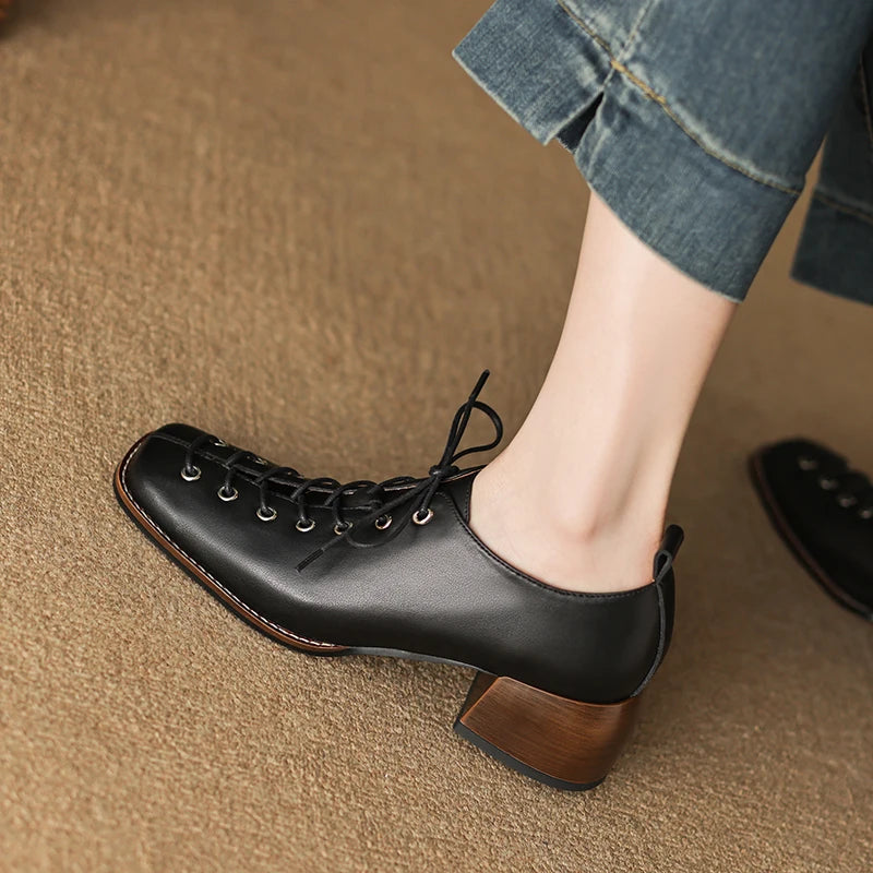 High Heel Square Toe Women Pumps Genuine Leather Concise Office Ladies Casual Lace-Up Shoes KilyClothing