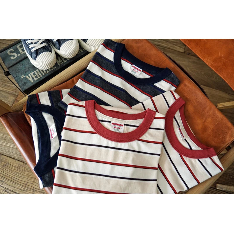 Sauce Zhan Tops & Tees T Shirts for Man Summer Short Sleeve Stripe T-shirt Double-woven fabric O-neck Vintage 230g KilyClothing