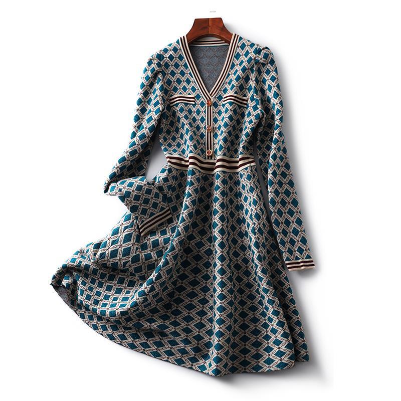 Vintage Spring Autumn Fashion New V-neck Button Slim Long Sleeved Dresses Elegant Geometric Slender A-line Skirt Women Clothing KilyClothing