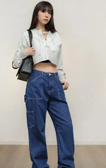 Washed Straight Mid-rise Jeans for Women, Cotton Blue Denim, Multi-Pocket Workwear Pants Vintage Irregular Whitewashed KilyClothing