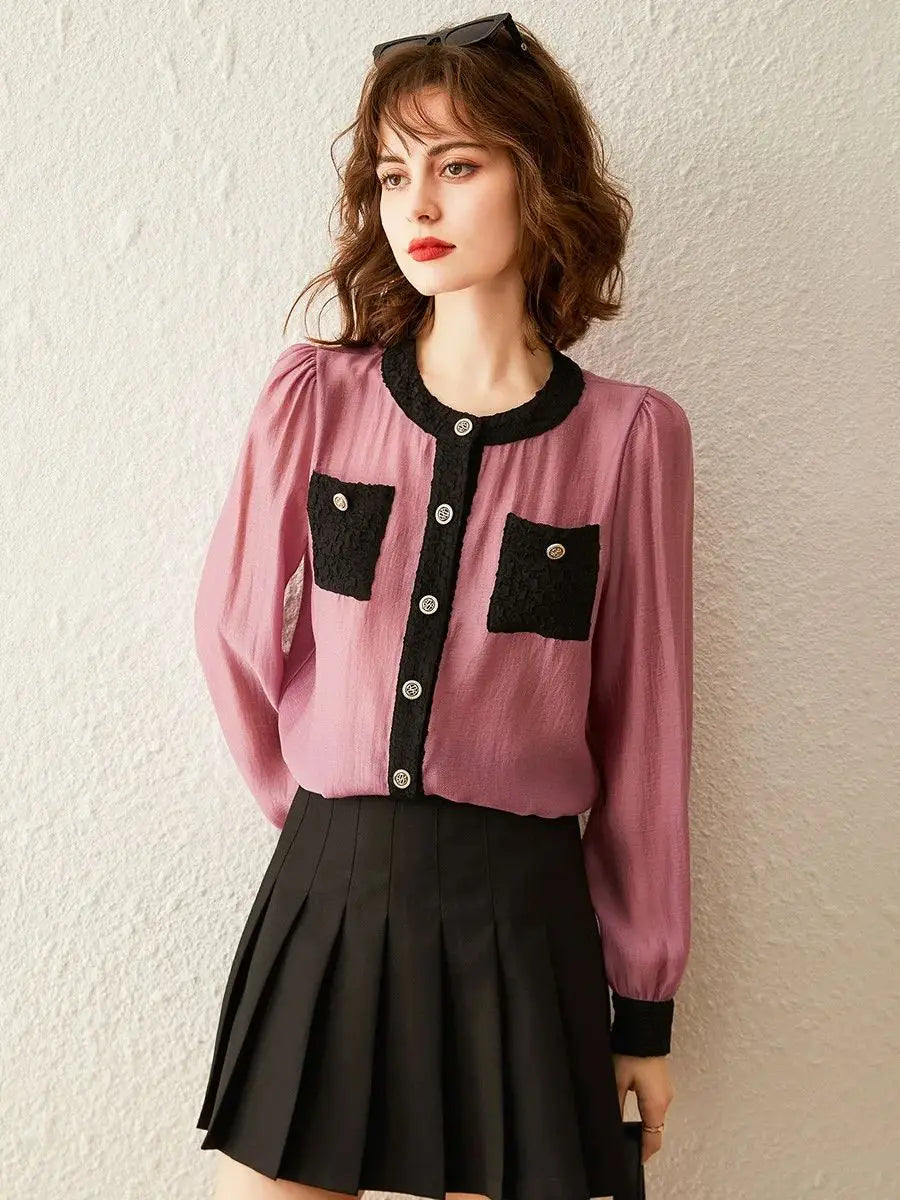 Camisa de mujer con cuello redondo y manga larga abullonada, elegante blusa de mezcla de Tencel