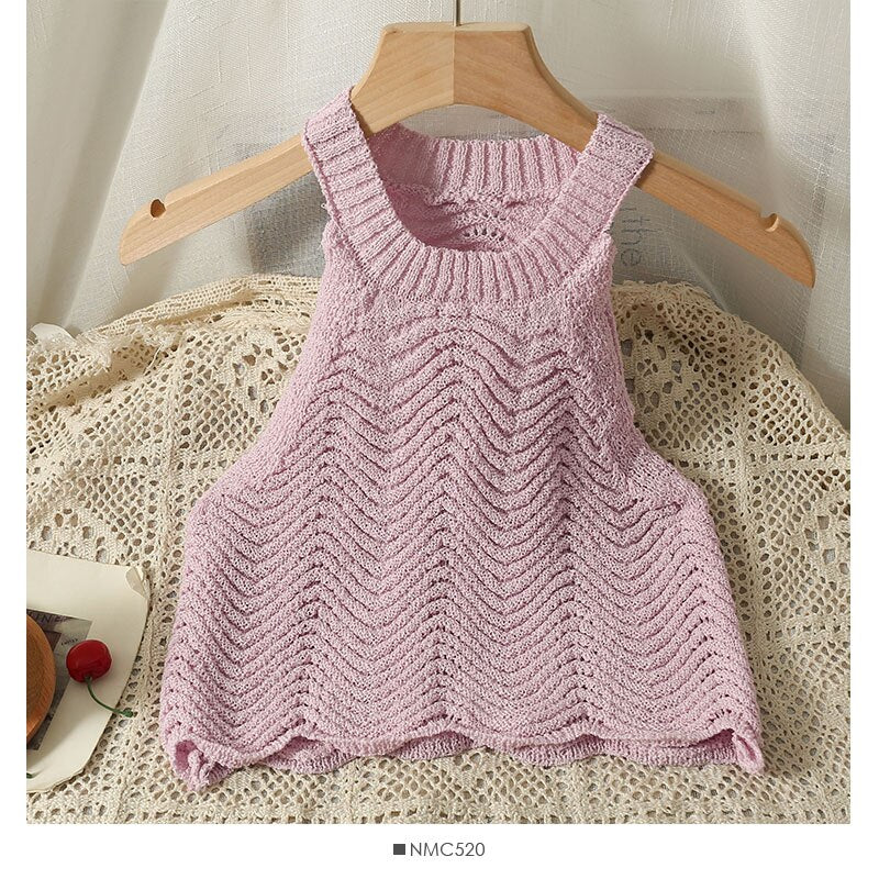 Retro Wavy Halter Knitted Suspender Vest Women Tanks Tops Korean Fashion KilyClothing