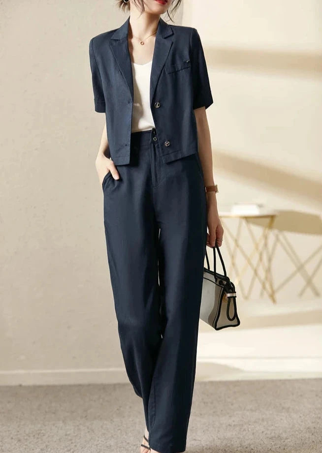 Cropped Blazer Suit for Women Cotton Linen Elegant Wide Leg Pant Two Piece Sets