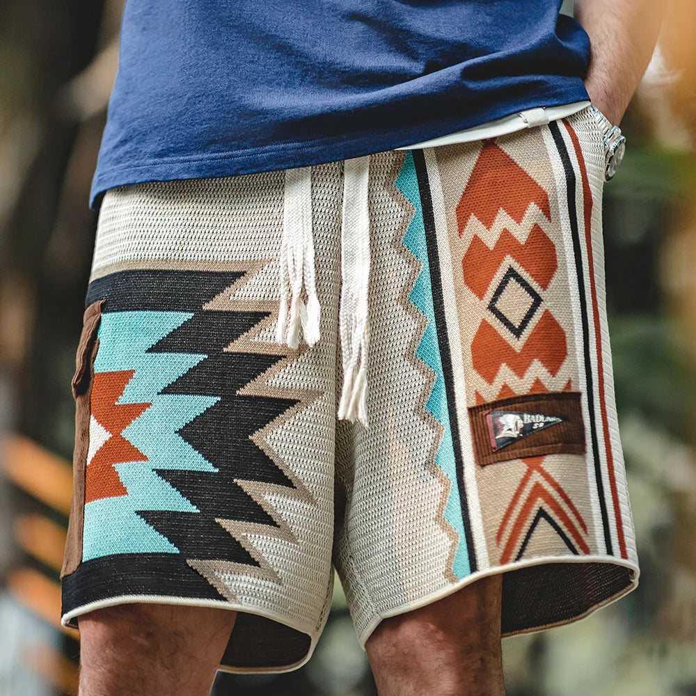 Vintage Navajo Totem Knitted Shorts Men's Casual Embroidery Geometric Beach Short Pants Drawstring Elastic Waist Shorts KilyClothing