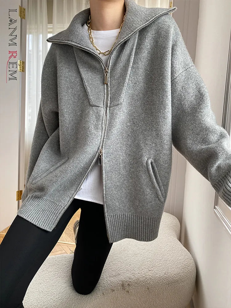 [LANMREM] Wool Knitting Double Zipper Sweater For Women 2023 Winter New Lapel Long Sleeve Elegant Female Tops Fashion Clothing KilyClothing