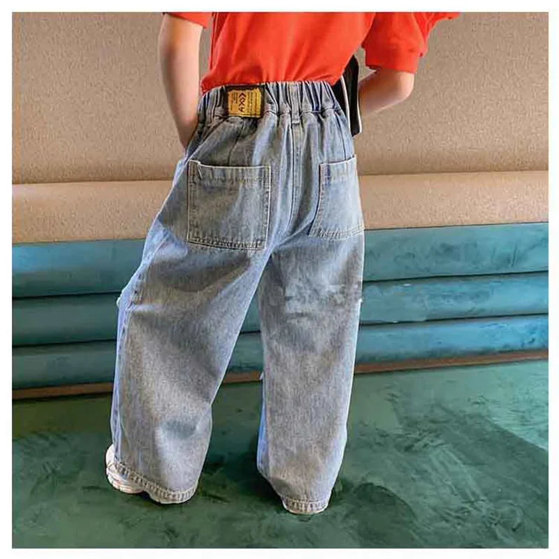 MILANCEL New Autumn Kids Jeans Girls High Waisted Wide Leg Pants Children Ripped Trousers KilyClothing