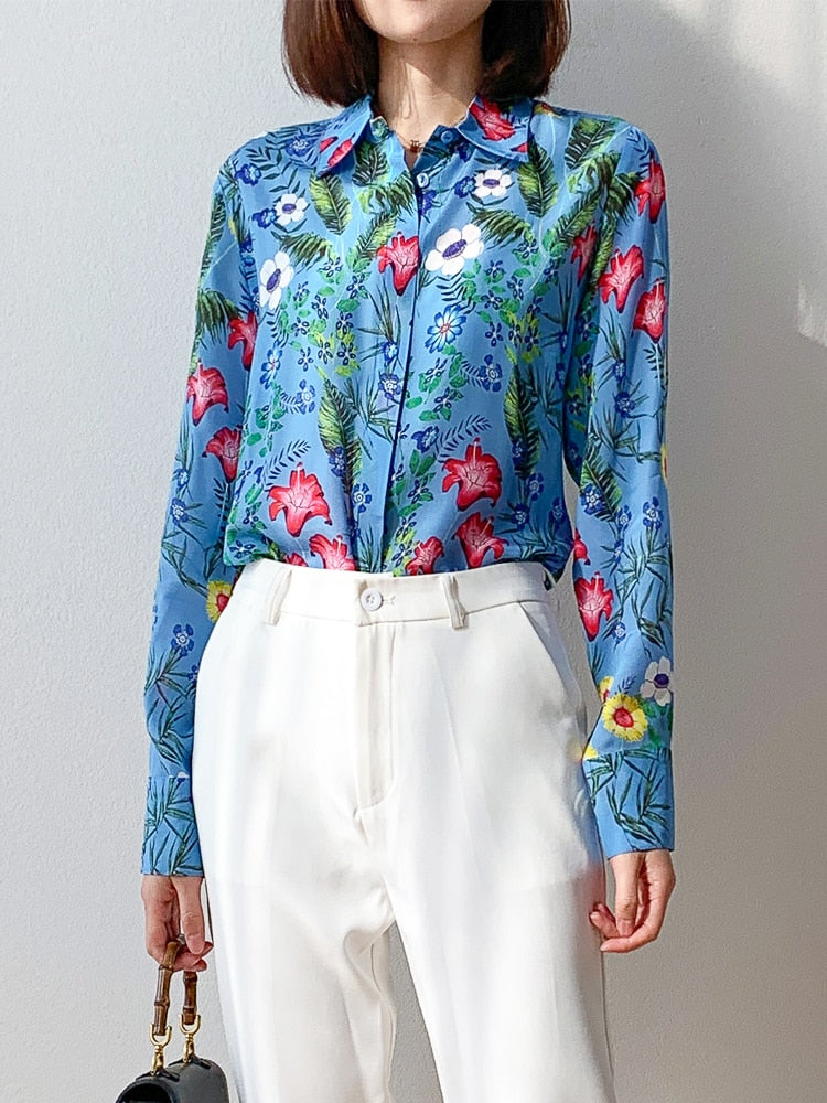 Silk Shirt 100% Mulberry Silk Crepe Silk Blue Floral Printed Buttons Down Long Sleeve KilyClothing
